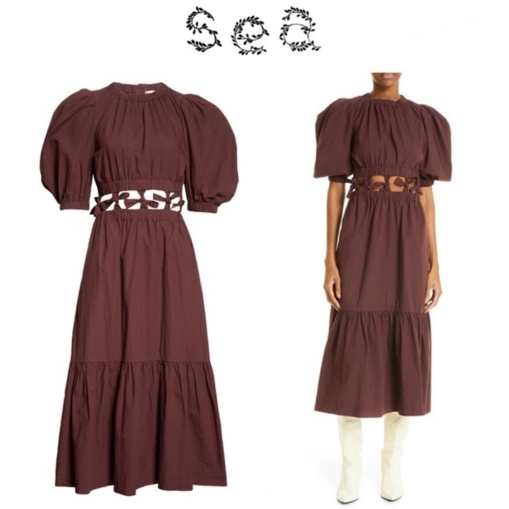 Sea NY Sloane Puff Sleeve Cut Out Midi Dress in Merlot XS NWT